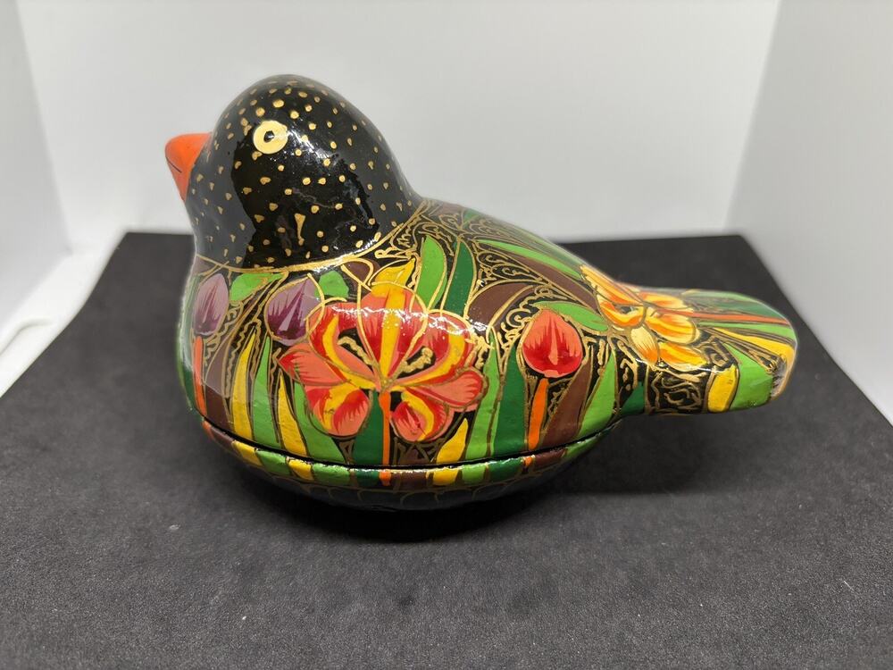 Paper Mache Black Lacquer Wooden Duck Flower Pill Trinket Box Hand Made 4”